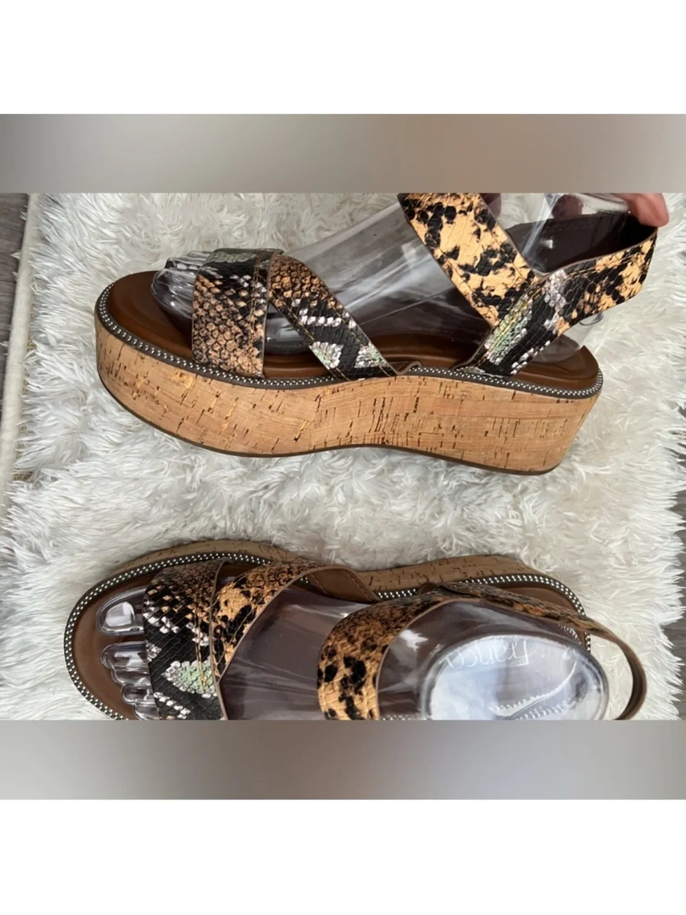 Franco Sarto Snake Print Cork Platform Wedge Sandals Women’s 9.5 Leather